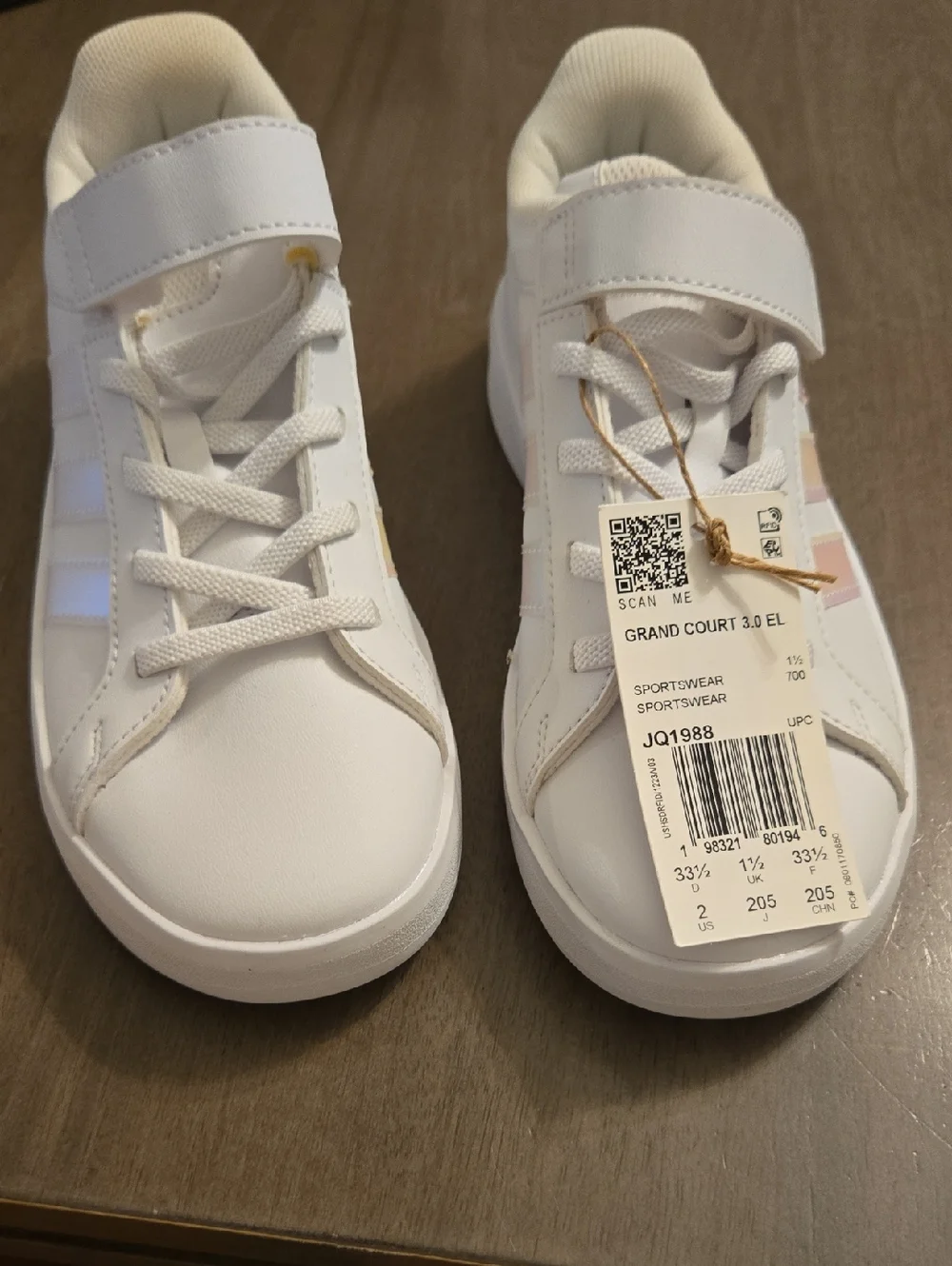 adidas Kids White Grand Court 3.0 EL Sneakers with Hook-and-Loop Strap